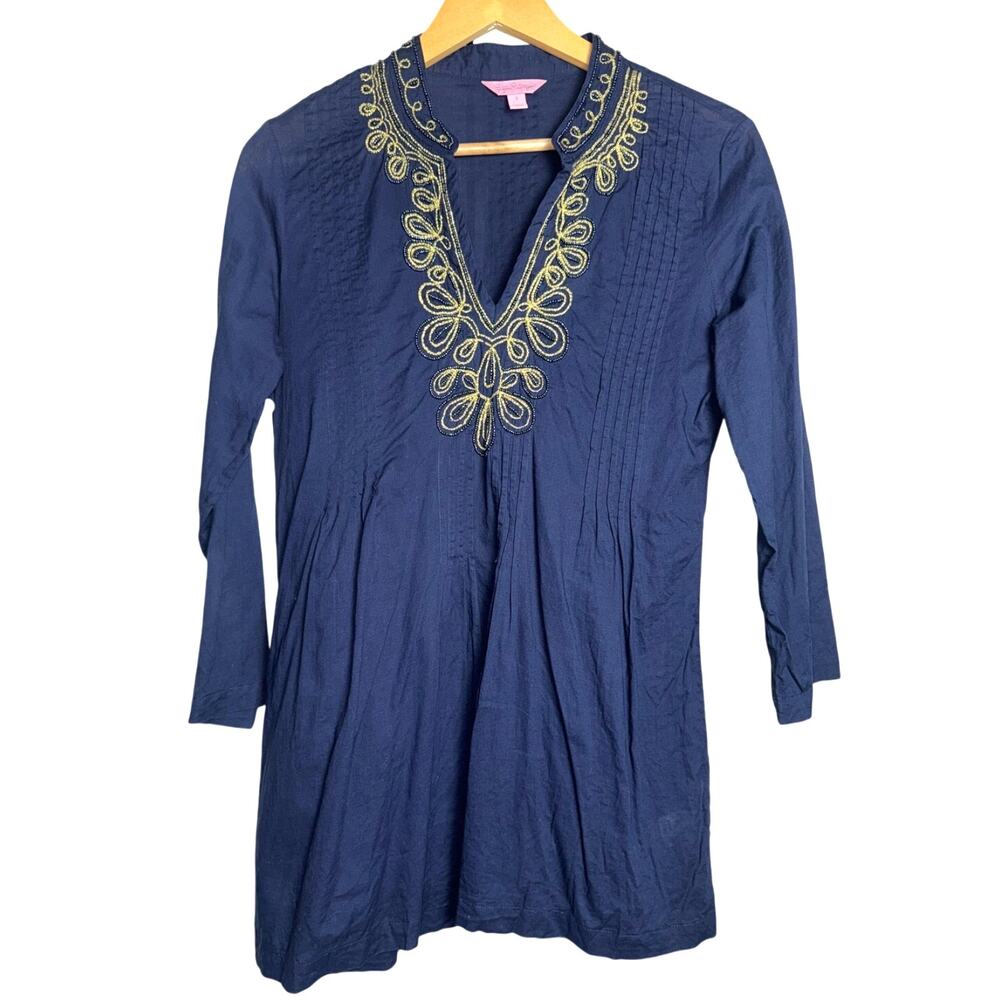 Lilly Pulitzer Navy Embroidered Tunic Top | Size Small 100% Cotton